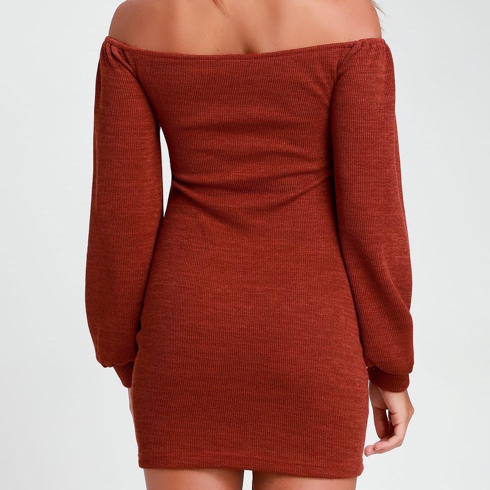 LULUS Rust Ruched Off-the-Shoulder Bodycon Dress - Picture 3 of 4